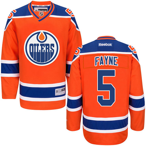 Mens Reebok Edmonton Oilers 5 Mark Fayne Premier Orange Third NHL Jersey